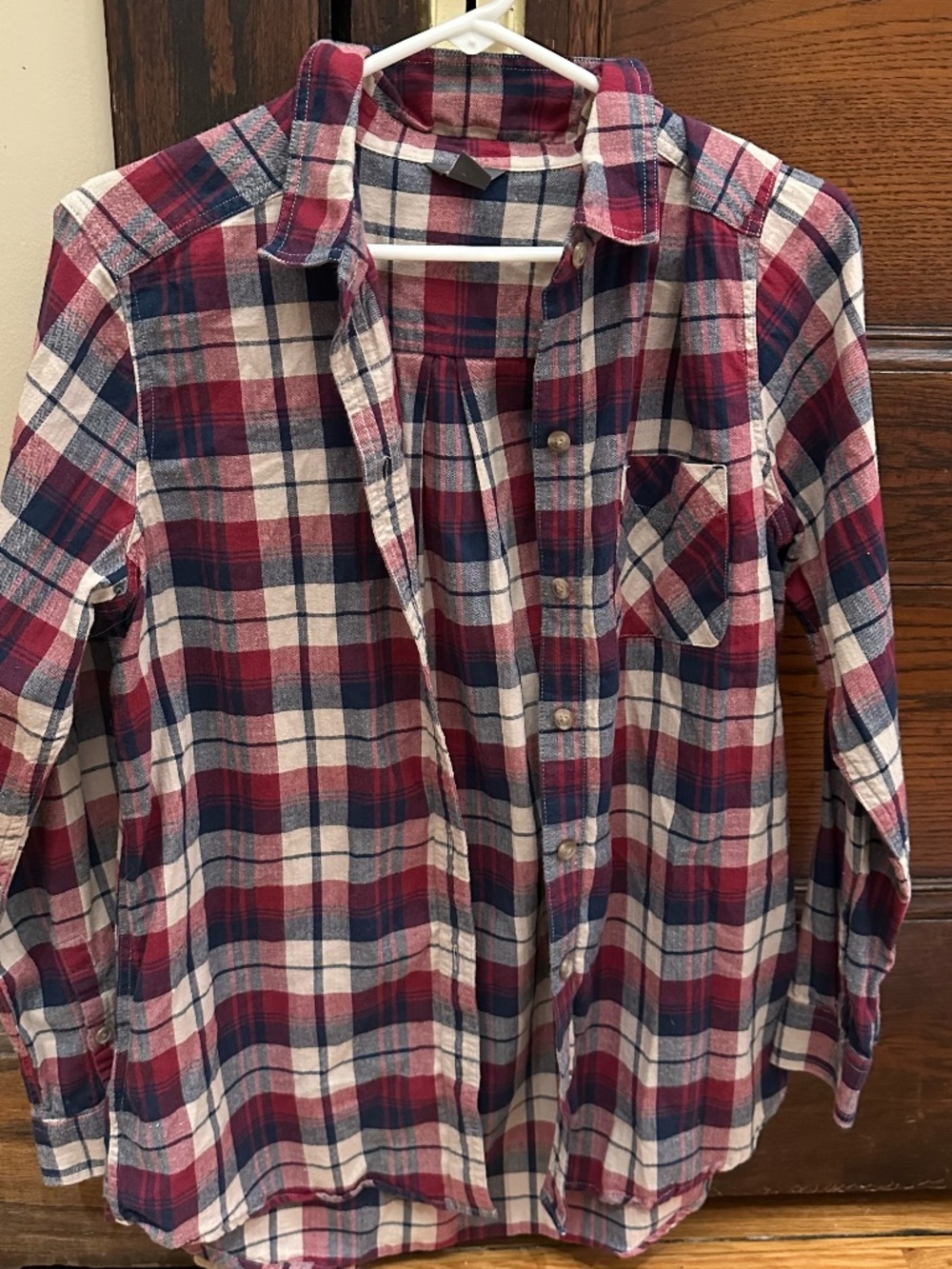 Eddie Bauer Red Navy and Cream Plaid Button-Down Shirt